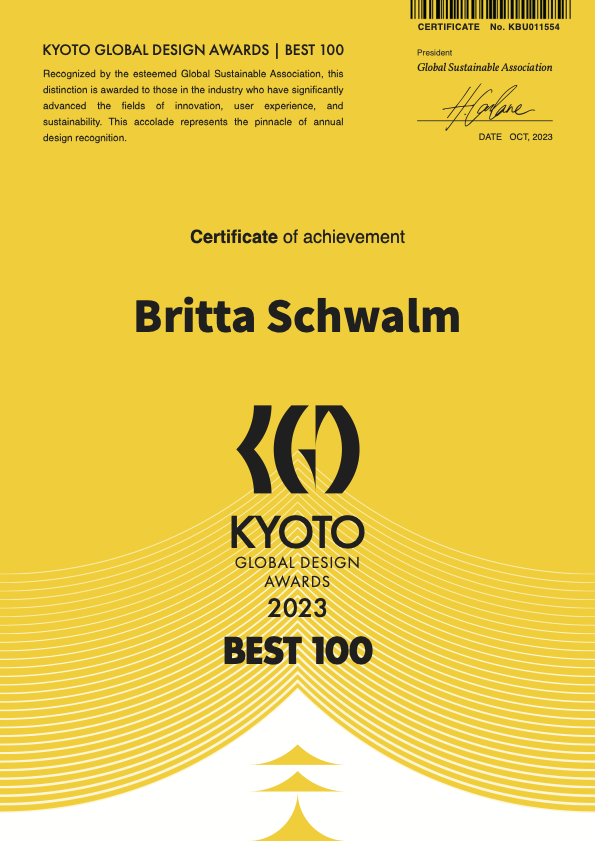 2023 KYOTO GLOBAL DESIGN AWARDS - BEST 100 WINNER CERTIFICATE_Britta Schwalm