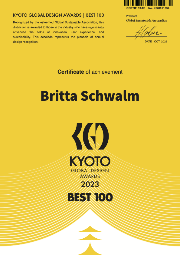 2023 KYOTO GLOBAL DESIGN AWARDS BEST 100 WINNER CERTIFICATE Britta Schwalm